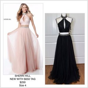 SHERRI HILL 2 PC BEADED EMBELLISHED HALTER TOP AND TULLE SKIRT Black Prom Dress